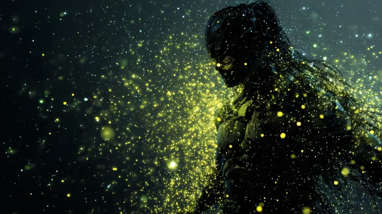Figura umanoide aliena scura in piedi in un'atmosfera misteriosa mentre si dissolve lentamente in una nuvola di particelle magiche gialle brillanti, che rappresentano concetti come disintegrazione e fantasia