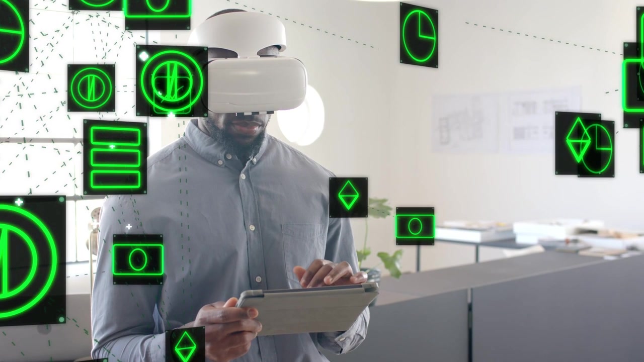 Man wearing VR headset tapping tablet and navigating green holo UI in tech office, selecting data