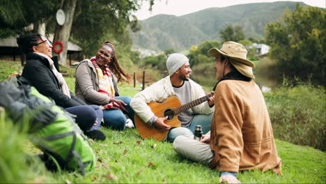 fun, guitar and friends camping in nature