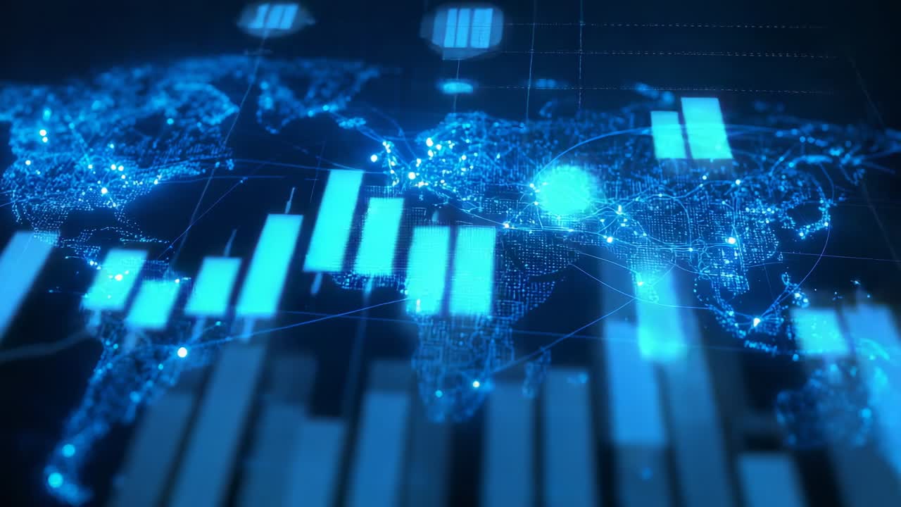 Pulsing network arcs sending data nodes across dotted map, raising vertical bars on grid floor