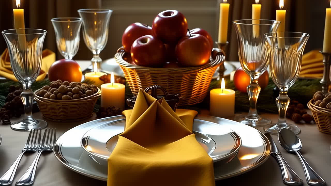 Elegant Holiday Dinner Table Setting with Apples and Candles