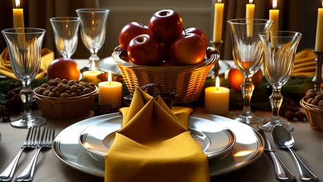 elegant holiday dinner table setting with apples and candles