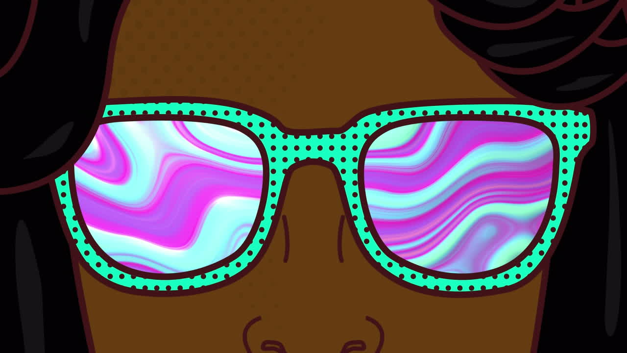 animación de una mujer con un icono de gafas sobre un fondo rosa en movimiento