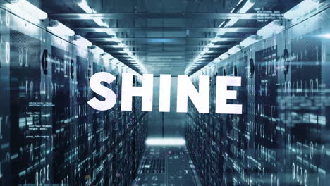 animation of shine text banner, binary coding and mosaic sqaures against computer server room