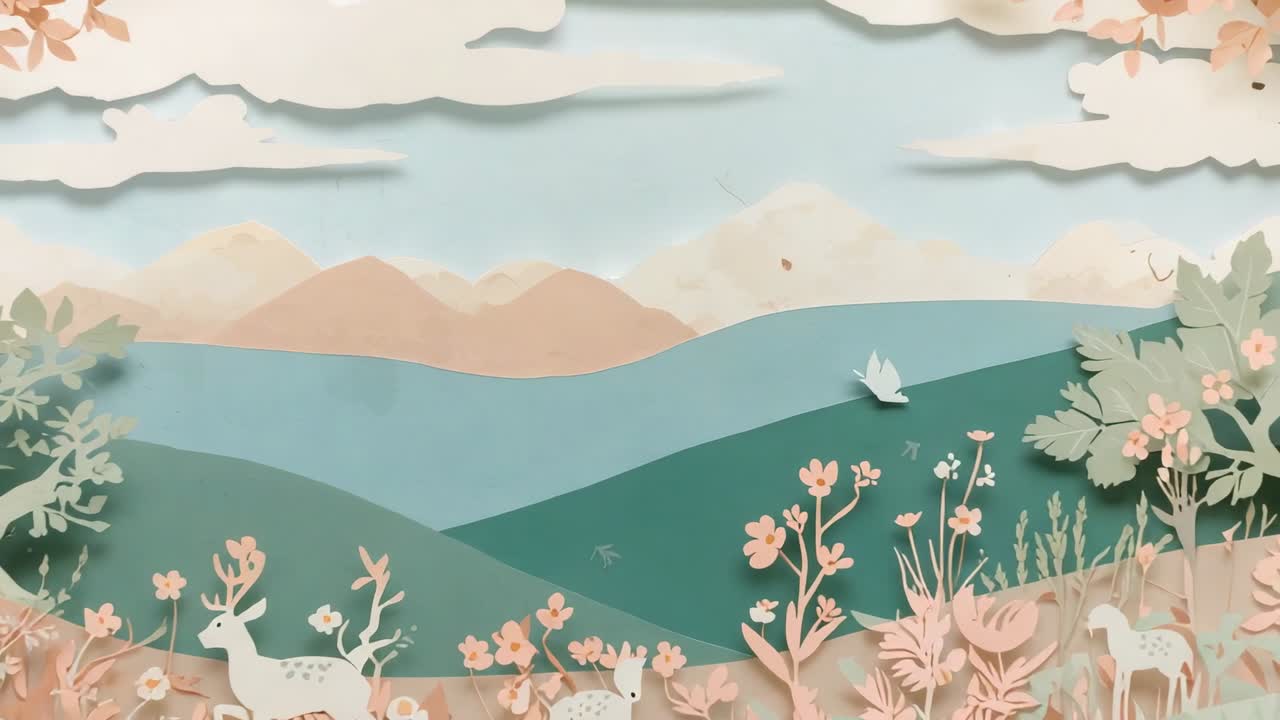 鏡頭推近層疊紙雕草地，展現白鳥飛翔與鹿群正在覓食的畫面。