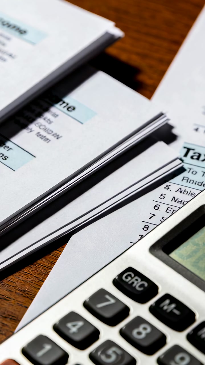 Vertical video: Focusing camera showing stacked tax forms and calculator on wooden desk, for filing