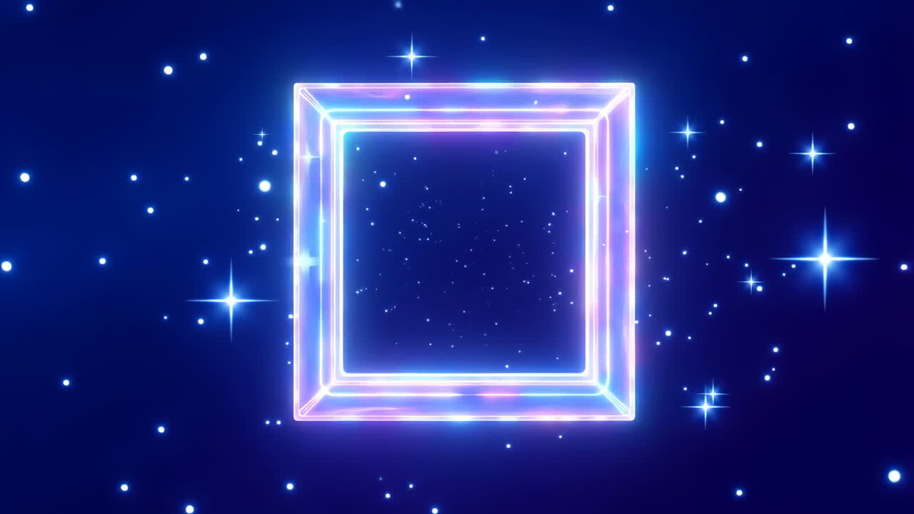 Luminous Neon Square Frame with Sparkling Stars on Blue Background