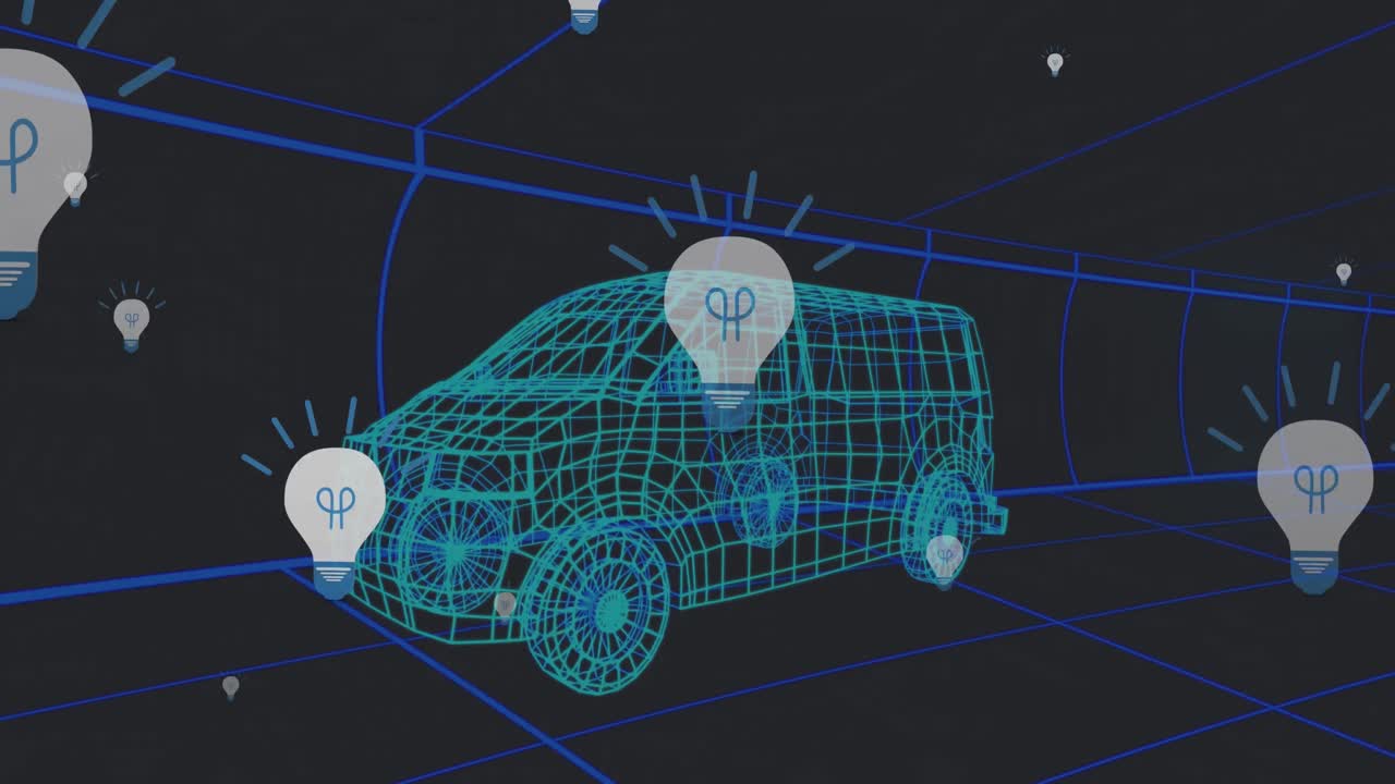 animación de iconos que caen sobre el modelo de coche 3d sobre la cuadrícula sobre fondo negro.