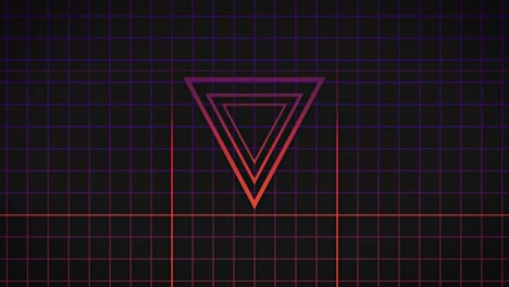 Animation-of-pink-neon-flickering-triangles-over-glowing-pink-to-purple-grid