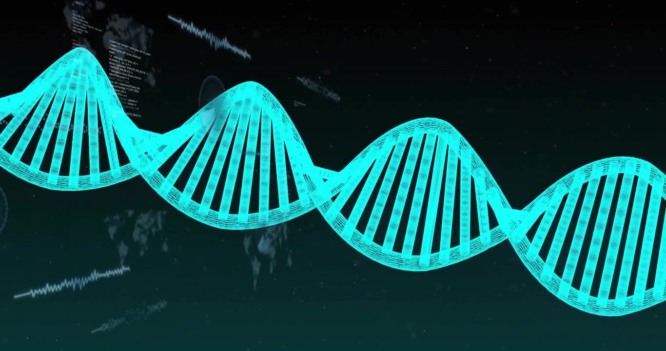System starting wireframe double-helix brightening, sliding and revealing science data overlays