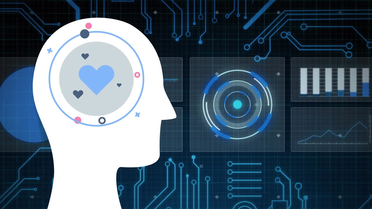 검은 바탕에 심장과 연결 네트워크를 가진 인간의 머리의 애니메이션