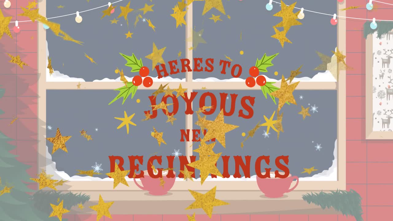 Animation of christmas and new year's greetings over stars and christmas decorations in window