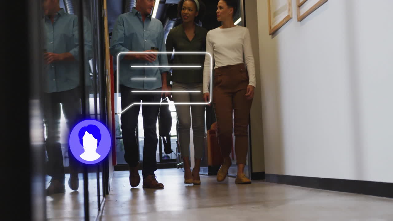 Walking through office hallway, people with chat bubble animation
