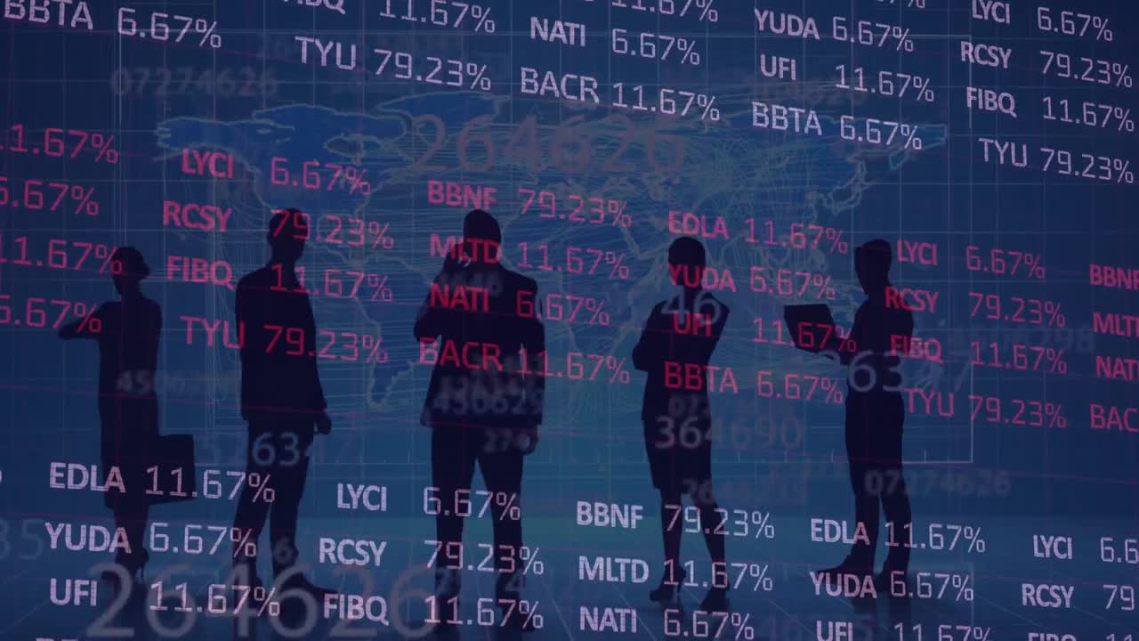 Animation of financial data processing over silhouettes of business people