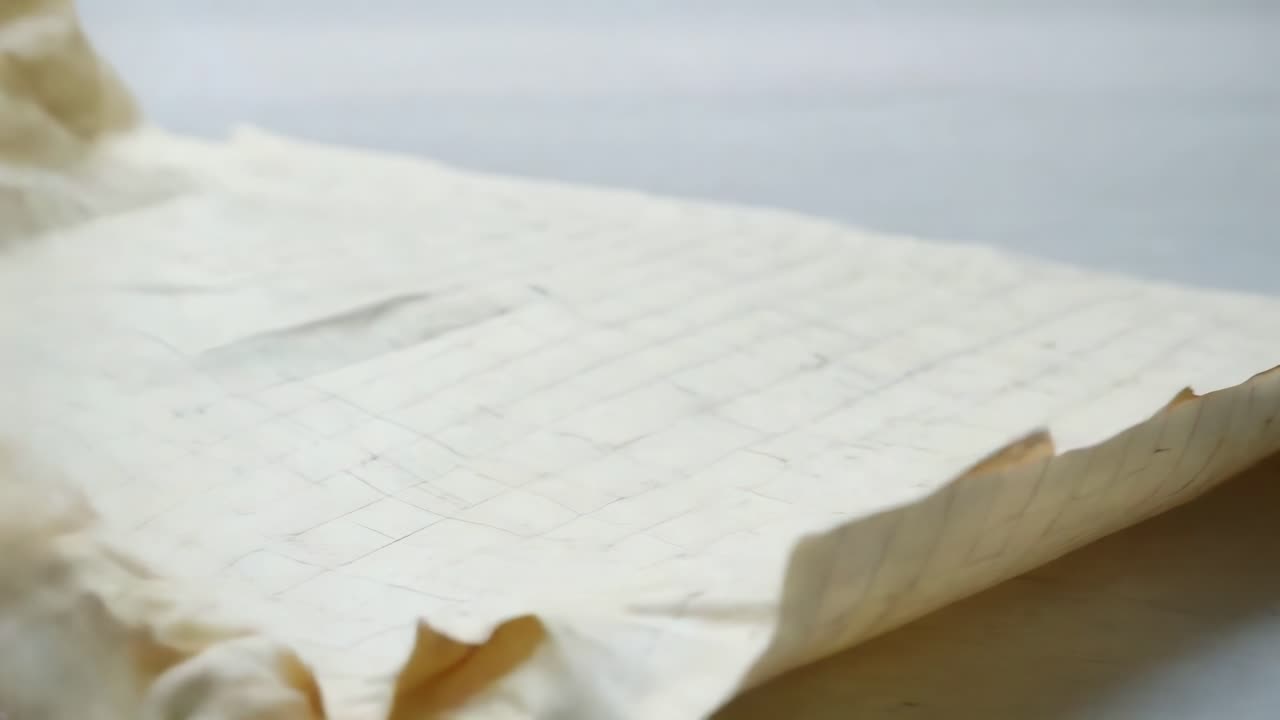 Close-up video of a hand unfolding crumpled paper on a flat surface, shot from a side angle
