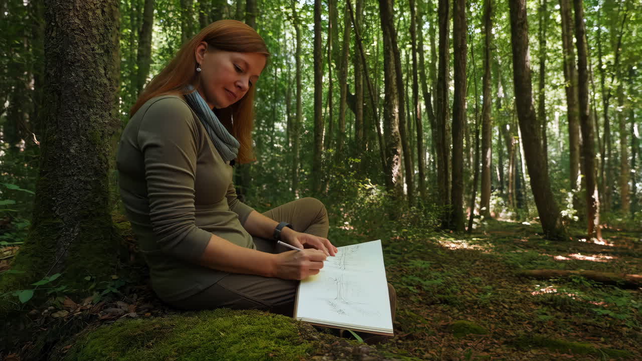 Woman sketching a tree in a serene forest