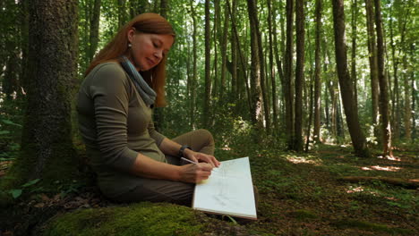 woman sketching a tree in a serene forest