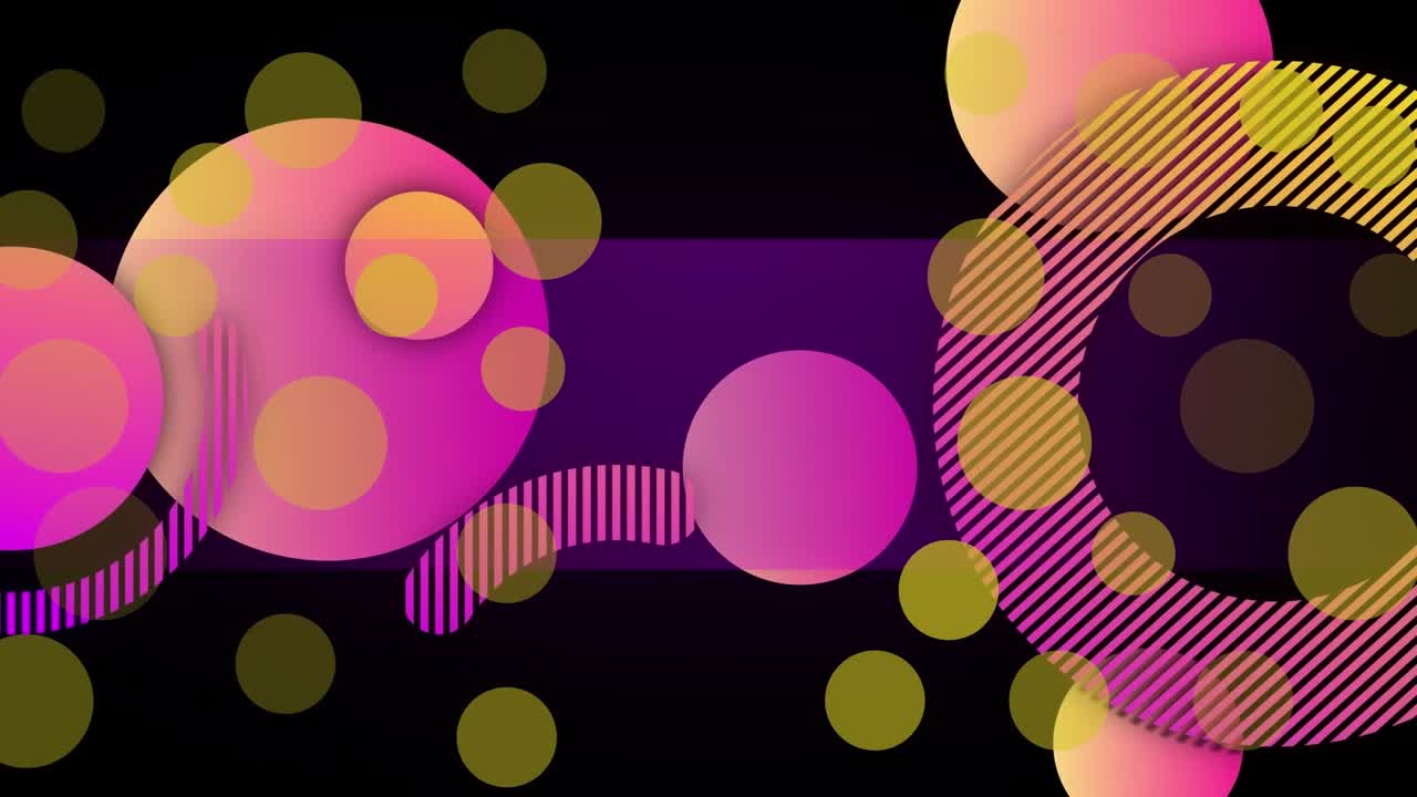 Animation af gule prikker og gradientrunde former mod sort baggrund med plads til tekst