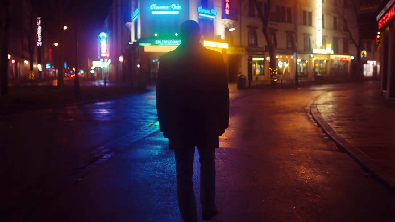 Person walking down a neon-lit city street at night