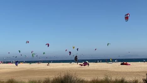 slow motion shot of the beach of tarifa with people practicing kite surf.