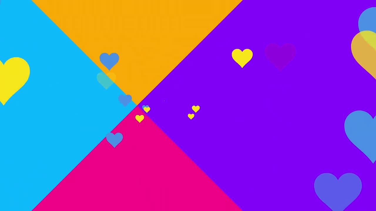 animación de corazones azules y amarillos sobre formas coloridas