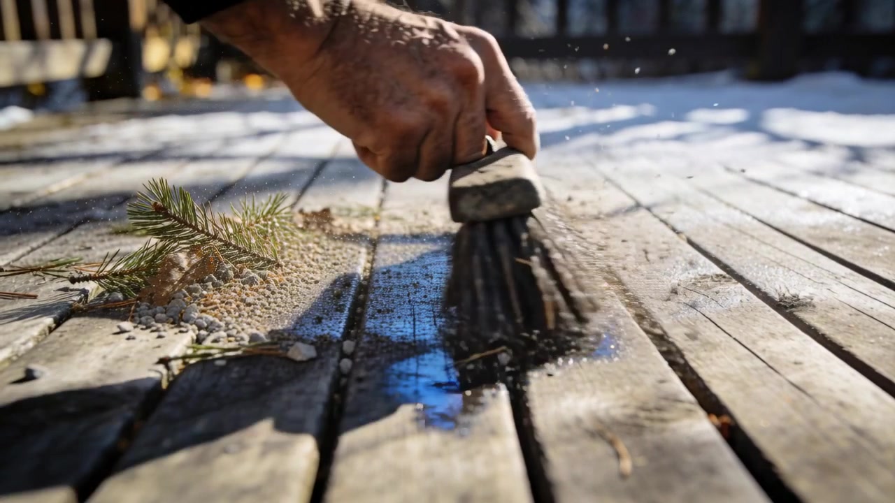 Pressing adult hand, dark cuff sweeping stiff brush along wood deck seam, clearing puddle and grit