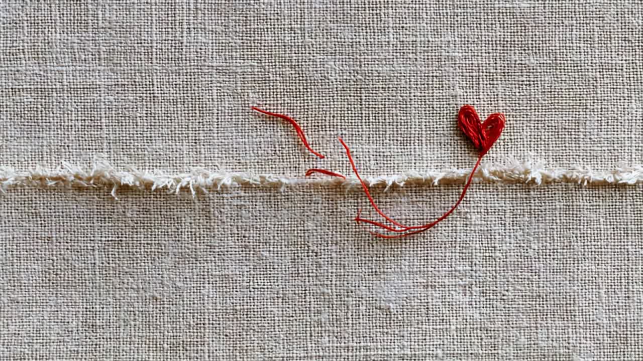 A Delicate Red Heart Symbolized by String and Fabric Threads, Representing Emotions, Connections, and the Fragility of Love, Captured in Two Stages of Artistic Expression on Textured Linen Canvas