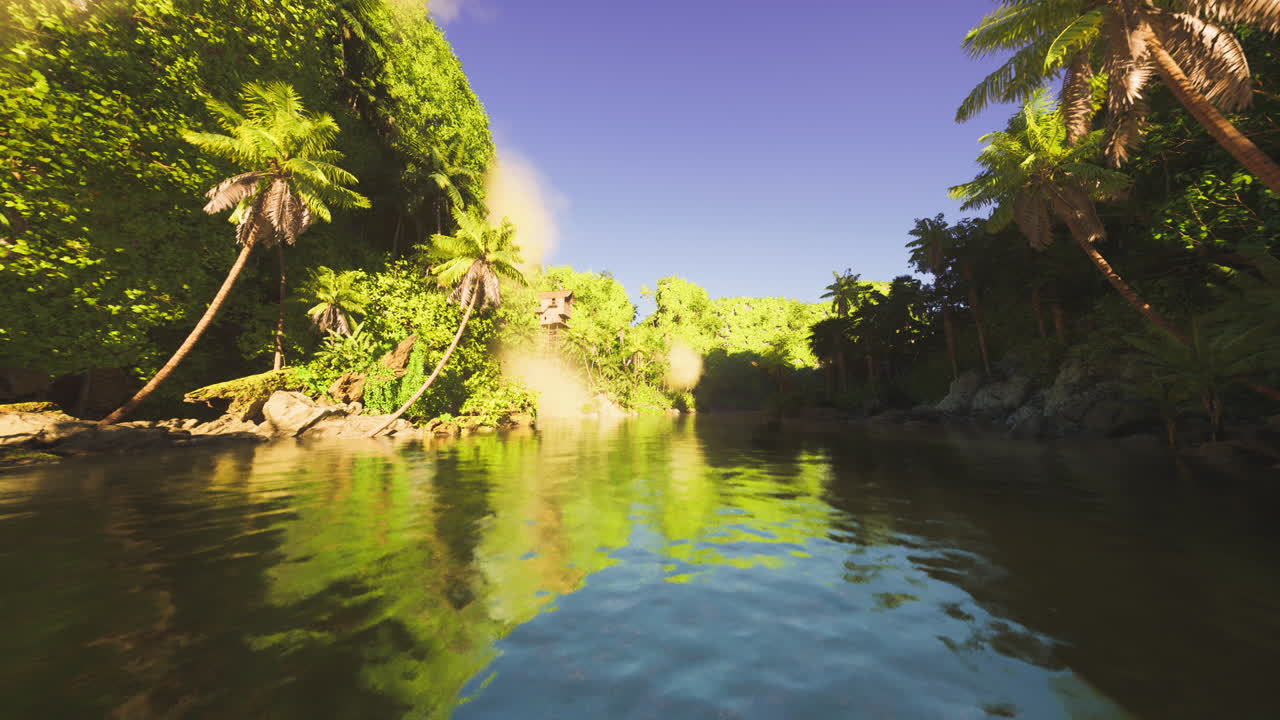 Paradiso esotico su un'isola con acqua cristallina, palme e cieli di un blu vivido