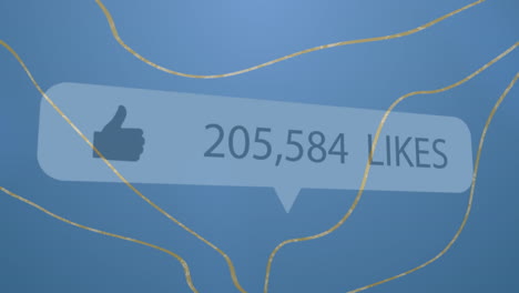 speech bubble with thumbs up icon and increasing likes against golden lines on blue background