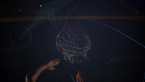 animation of networks of connections over mixed race male basketball player at gym