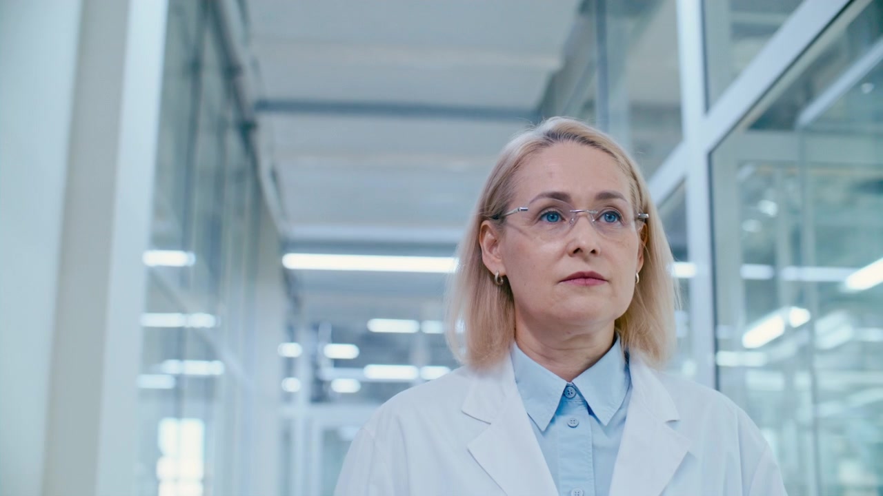 Pesquisadora Médica Caminhando pelo Corredor do Laboratório