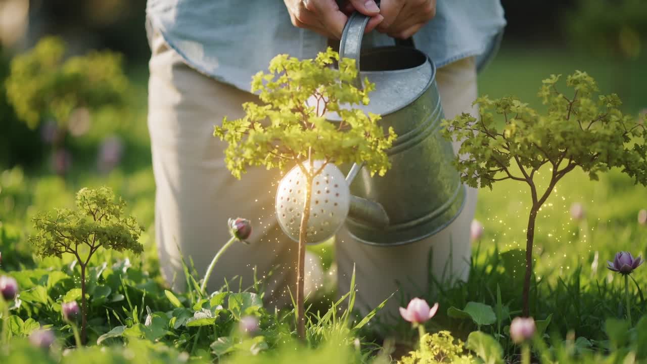 膝をつき、淡い色のシャツを着た庭師が、傾けた金属製のじょうろで花壇の苗木に水を注いでいる。