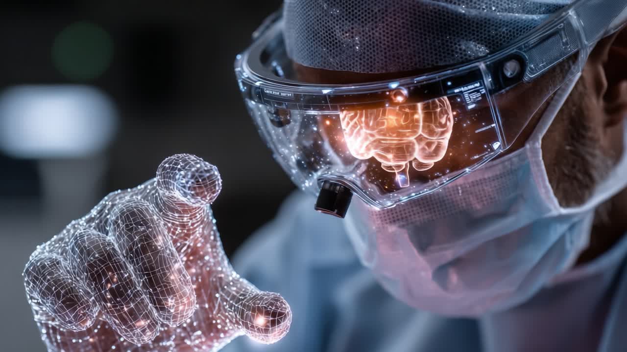 A researcher using augmented reality glasses interacts with a holographic brain visualization, showcasing advanced technology in science and medicine