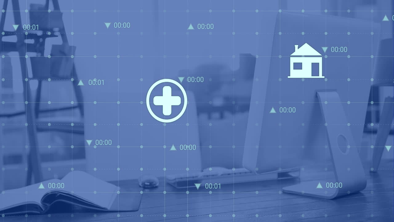 animación de iconos digitales a través de la red de cuadrícula contra el escritorio de la oficina.