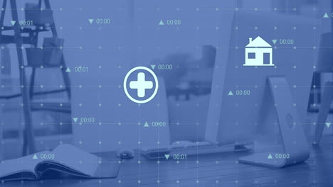 animation of digital icons over grid network against office desk