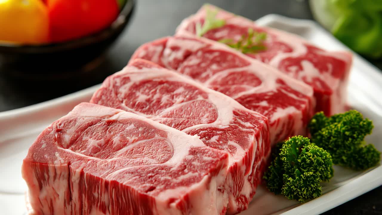 Marbled beef steaks resting on white plate, accompanied by broccoli bouquet and tenderloin, highlighting premium meat presentation with bell peppers in soft background