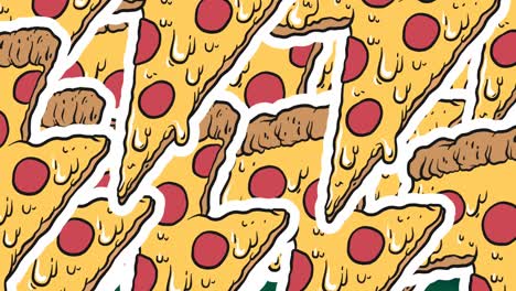 animación de los iconos de la pizza sobre formas verdes