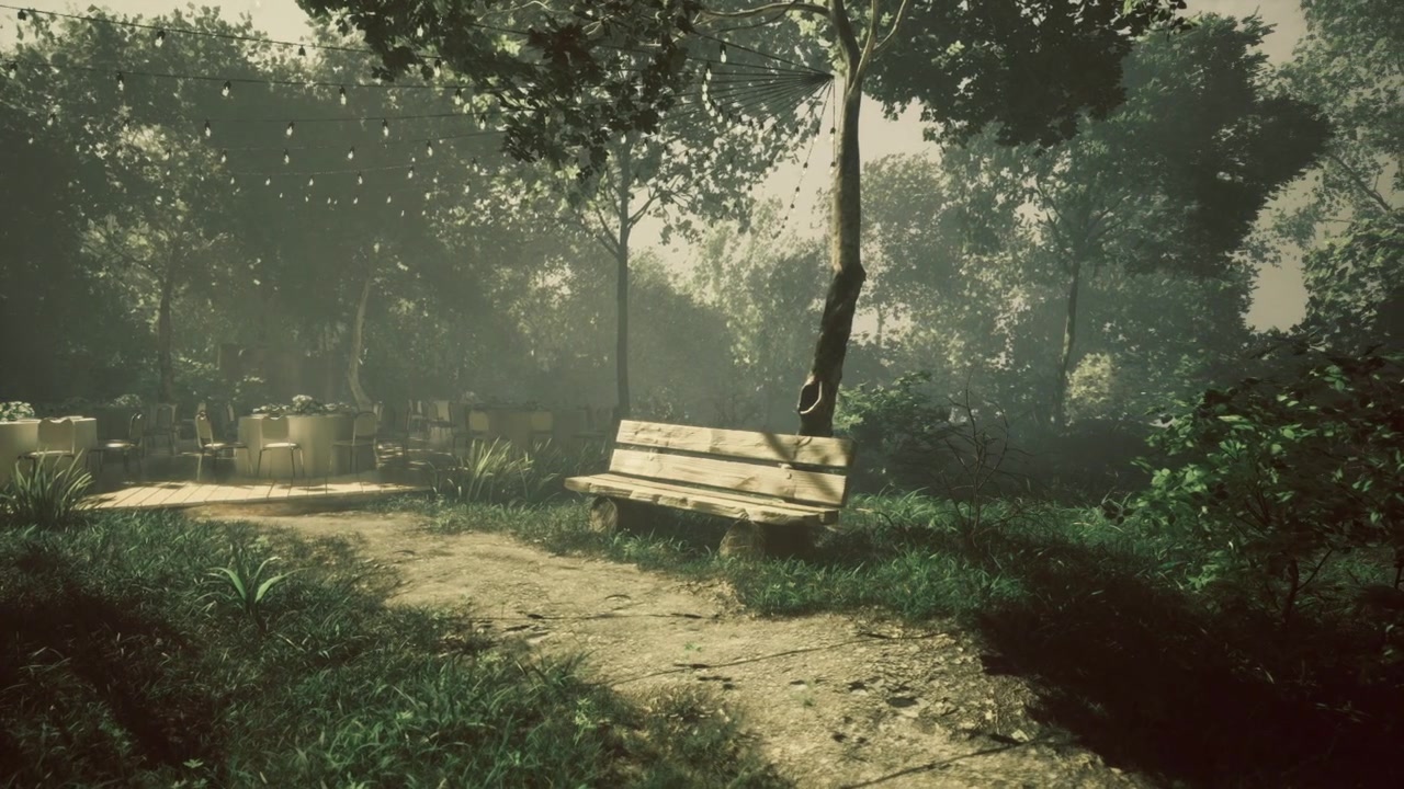 Panchina tranquilla tra gli alberi in un'incantevole cornice di giardino