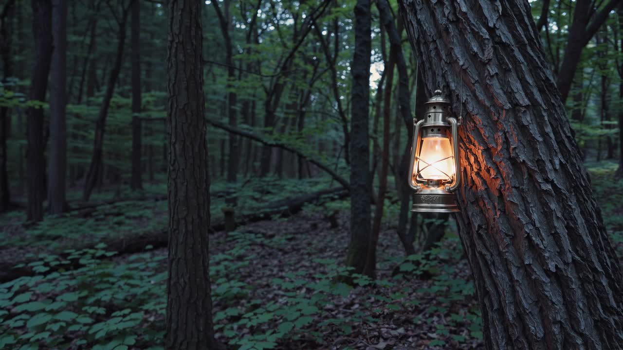 A dimly lit lantern hangs on a tree in a dense forest, captured at eye level
