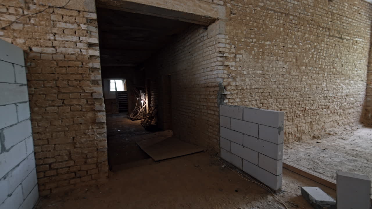 White brick wall is built in the room of the old house. Interior of the building being renovated.