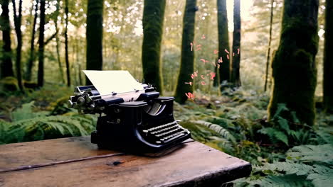 vintage typewriter in a magical forest with floating ideas