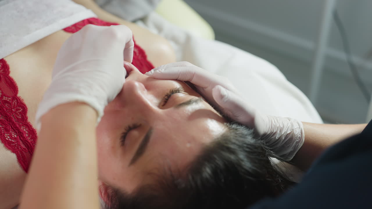 Female visitor on red sleeveless top closes eyes gently as skin care expert wearing gloves dips fingernail inside mouth and uses other hand to massage cheeks in clinical setting for gentle care