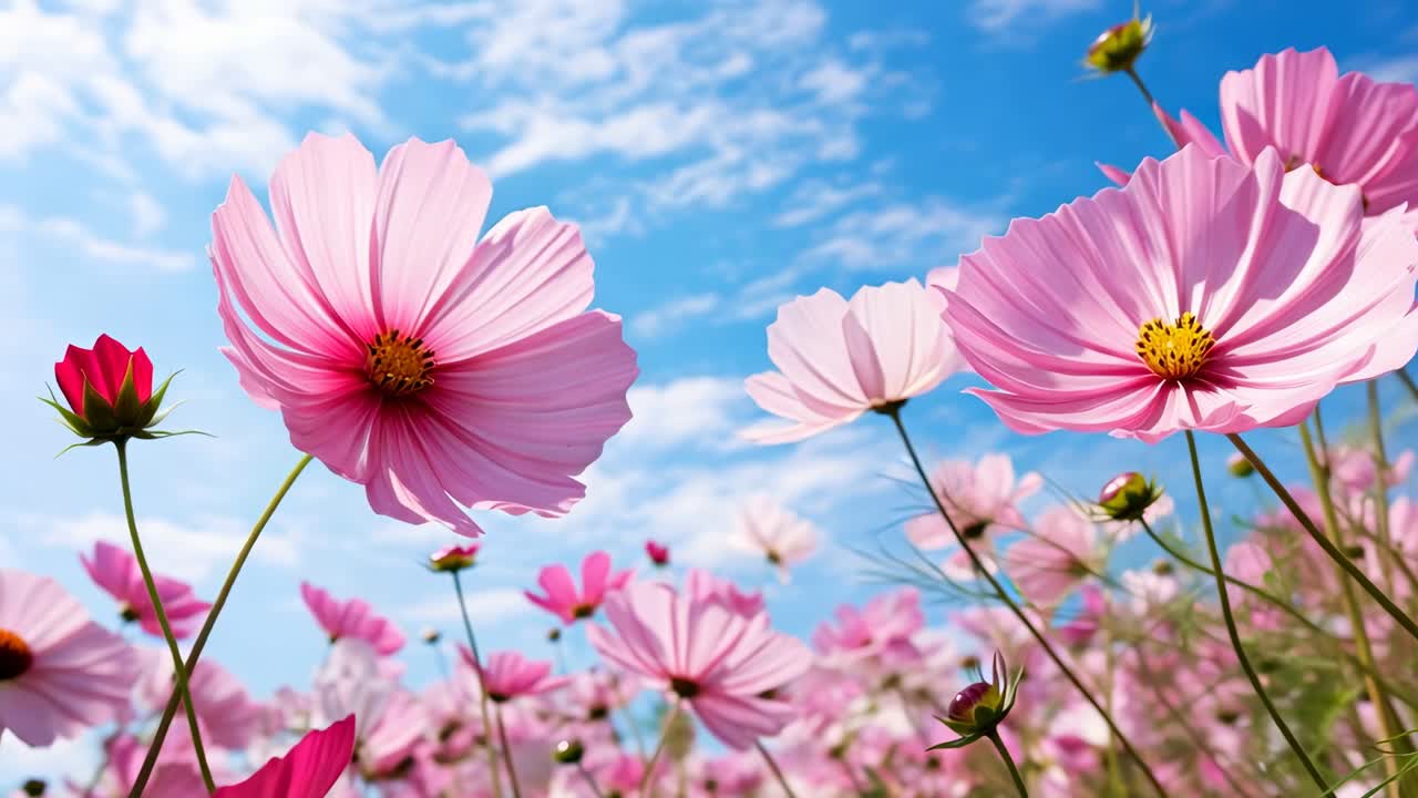 Low-angle video shot of vibrant pink flowers against a bright blue sky, capturing a serene
