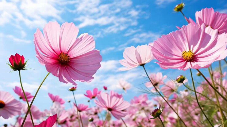 Low-angle video shot of vibrant pink flowers against a bright blue sky, capturing a serene