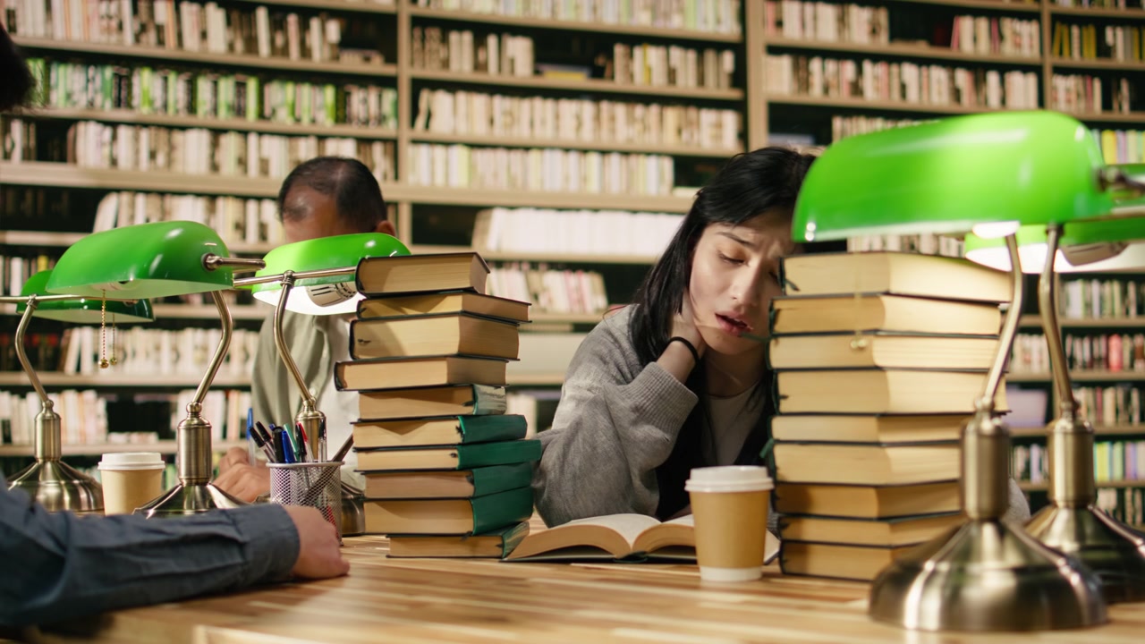 Stressed woman student reading from open book between tall stacks