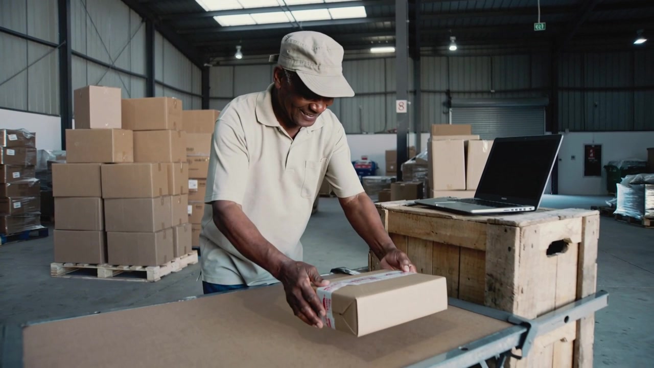 Lifting senior packer placing taped box in warehouse packing area, prompted by laptop, wearing polo
