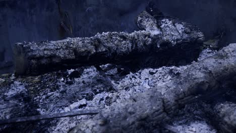 log smoldering in ash at night