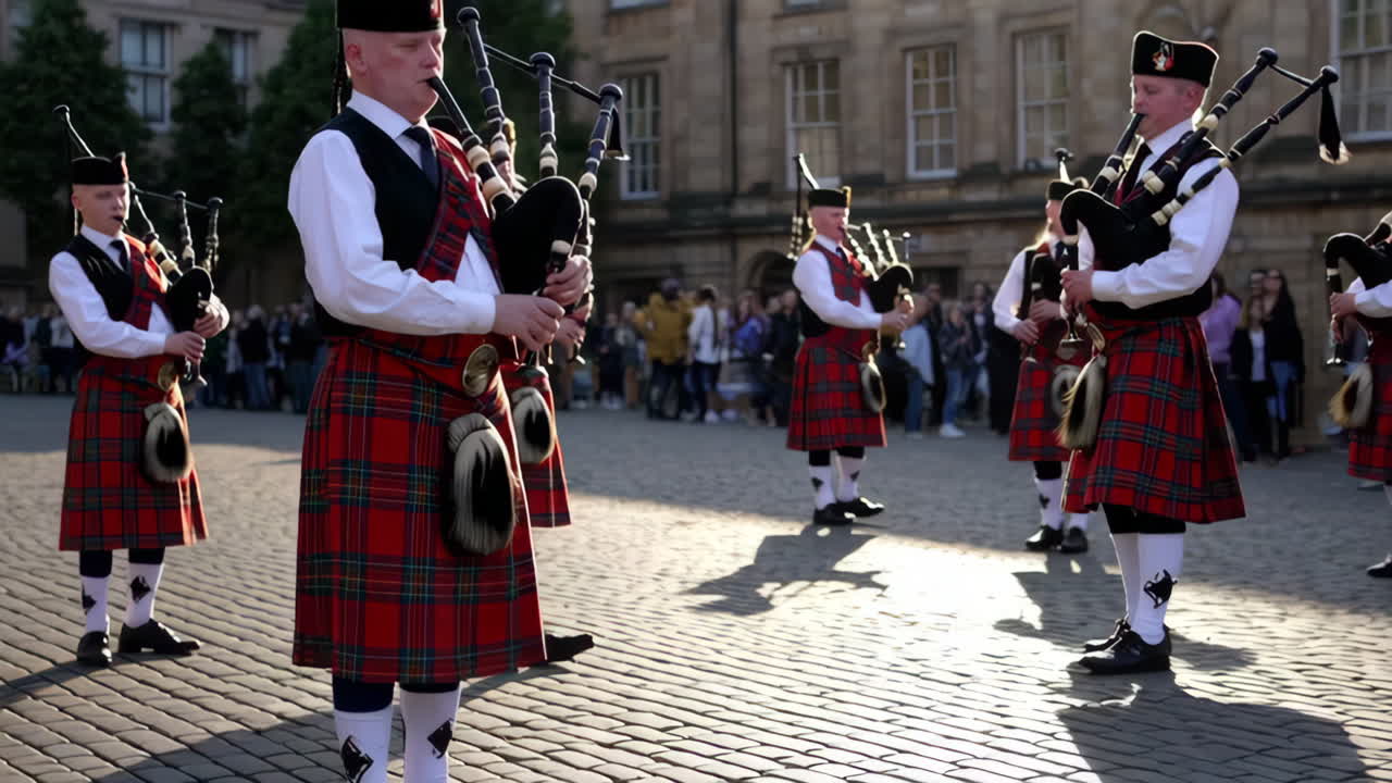 Scottish Bagpipe Players in Traditional Kilts on Cobblestones