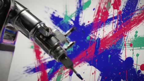 a robotic arm creating vibrant abstract art using bold colors and paint strokes, showcasing the intersection of technology and artistic expression