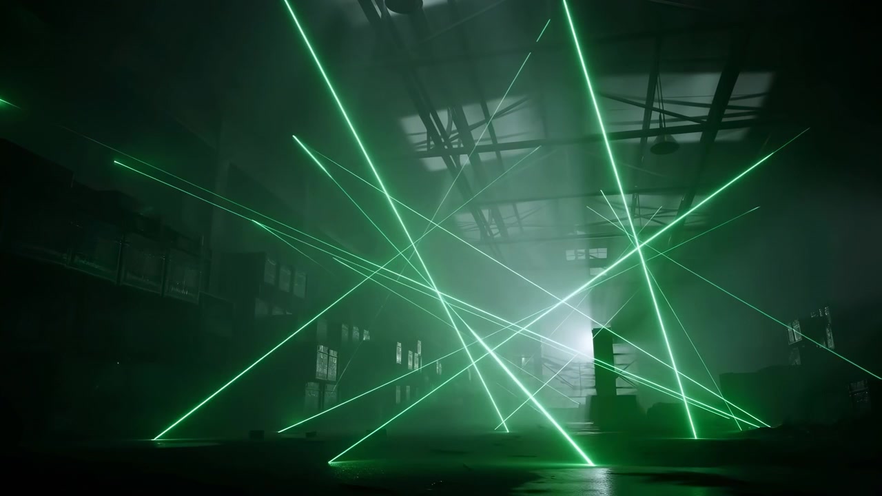 Uno spettacolo ipnotizzante di raggi laser verdi dinamici che brillano e si muovono attraverso un ambiente scuro, forse industriale o simile a un palcoscenico, con superfici riflettenti, creando un'atmosfera futuristica e serena